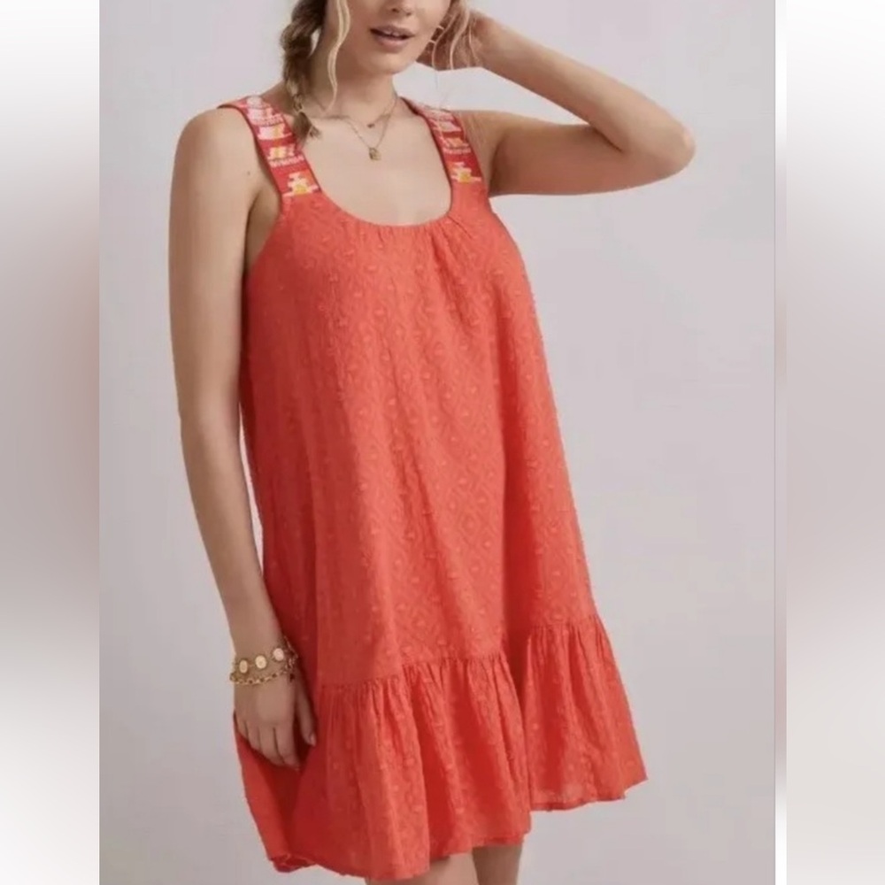 Anthropologie Coral Textured Tunic Swing Dress with Embroidered Straps size XS - Picture 2 of 13